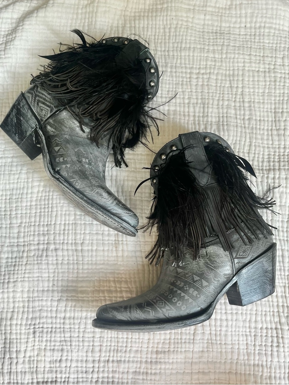 Corral Gray and Silver Feather Fringe Western Ankle Aztec Cowgirl Boots
